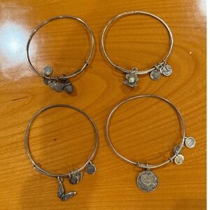 Alex and Ani Bangle Bracelets Set of 4 Cupcake Pearl Butterfly Birds Silver Tone